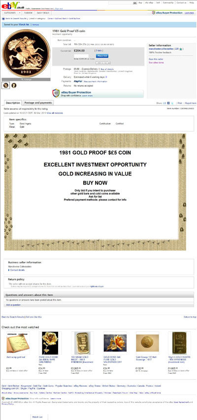 manchestercollectables eBay Listing Using our 1981 Gold Proof Five Pounds Coin Photograph